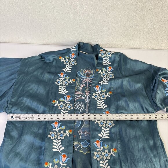 Novica Azure Autumn Floral Embroidered Kimono Jacket Size S M Blue Birds Pockets - Picture 11 of 13